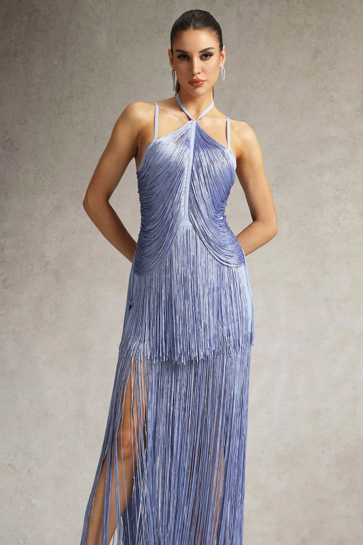 Luigia Purple Fringe Maxi Dress Halter Neckline Side Slit Elegant Sophisticated Special Occasion Glamorous Chic Party Modern Woman Style Comfort Fabulous Timeless Charm Exquisite Craftsmanship