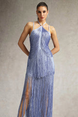Luigia Purple Fringe Maxi Dress Halter Neckline Side Slit Elegant Sophisticated Special Occasion Glamorous Chic Party Modern Woman Style Comfort Fabulous Timeless Charm Exquisite Craftsmanship