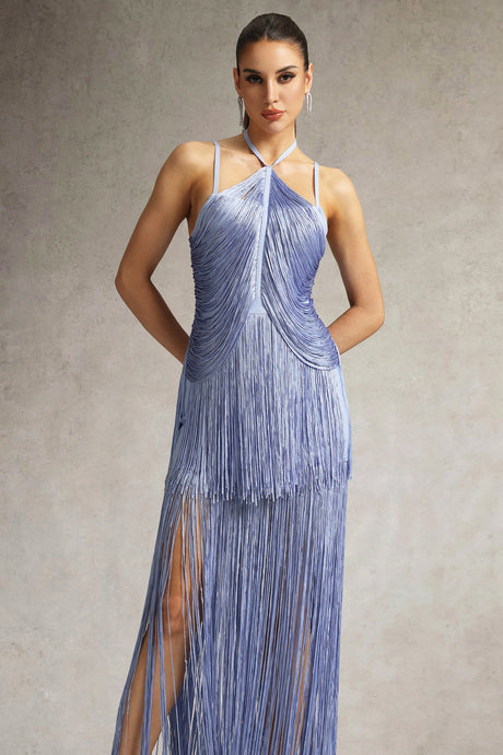 Luigia Purple Fringe Maxi Dress Halter Neckline Side Slit Elegant Sophisticated Special Occasion Glamorous Chic Party Modern Woman Style Comfort Fabulous Timeless Charm Exquisite Craftsmanship