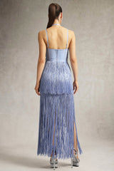 Luigia Purple Halter Maxi Dress with Fringe Detailing and Side Slit for Special Occasions