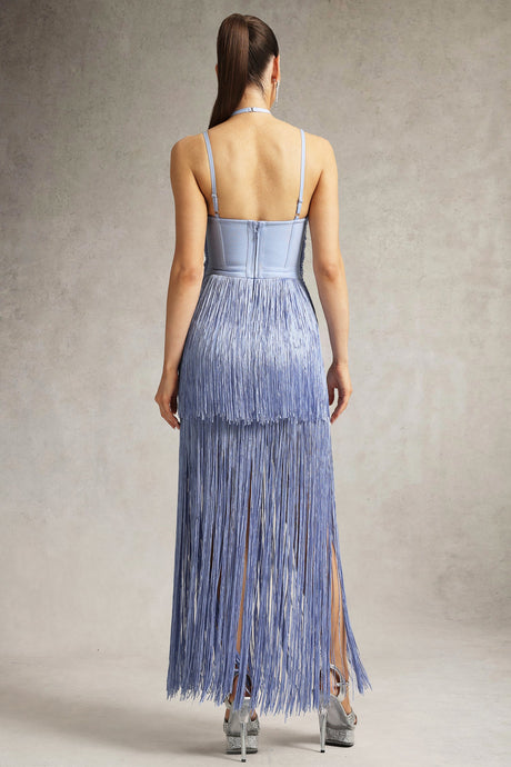 Luigia Purple Halter Maxi Dress with Fringe Detailing and Side Slit for Special Occasions