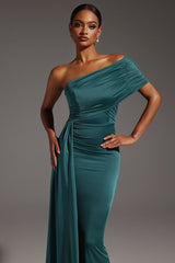 Luigia Teal One-Shoulder Maxi Dress Ruched Detailing