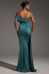 Luigia Teal One-Shoulder Maxi Dress Ruched Detailing Elegant Evening Wear