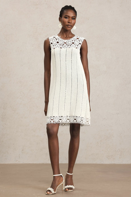 Luigia White Lace Sleeveless Mini Dress with Floral Patterns