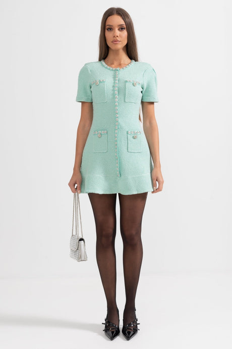 Luisa Dress - Tailored Fit With Flared Skirt - Classic and Sophisticated Style - Textured Fabric - Decorative Buttons