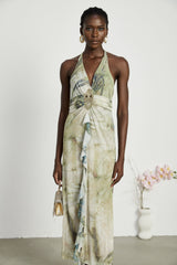 Luisa Midi Dress Green Ombre Halterneck Open Back Ruffled Trim