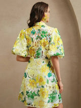 Luisa Midi Dress - Puff Sleeve - High Waist - Button Detail - Floral Print - Casual Style