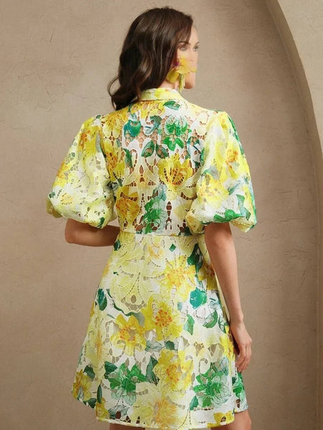 Luisa Midi Dress - Puff Sleeve - High Waist - Button Detail - Floral Print - Casual Style
