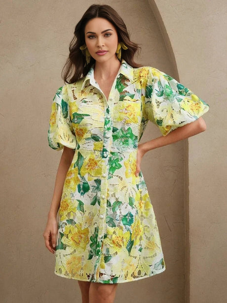 Luisa Midi Dress - Puff Sleeve - High Waist - Button Detail - Floral Print - Casual Style