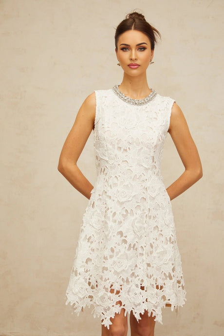 Luisa Mini Dress White Lace Embellished Scallop Hem & Crystal Detail
