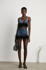 Luna Feather - Trimmed Cropped Top and Denim Skirt Set