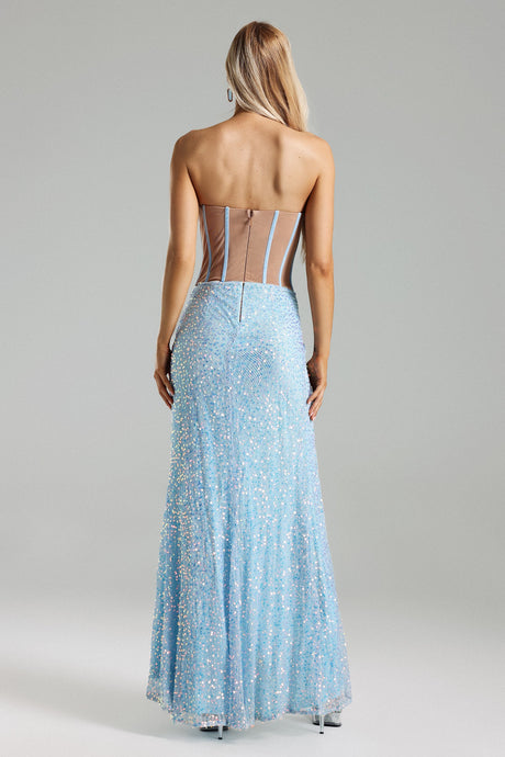 Mabel Blue Sequin Cowl Neck Dress with Daring Slit and Mesh Detailing