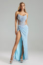 Mabel Blue Sequin Cowl Neck Dress with Slit and Mesh Detailing