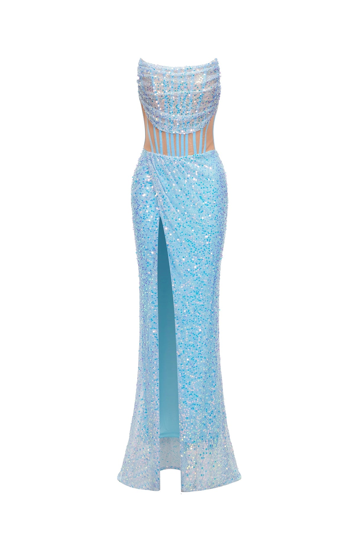 Mabel Blue Sequin Cowl Neck Dress with Slit and Mesh Detailing