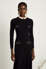 Mabel Midi Dress Black Knit Ruffled Neck Pockets ALine