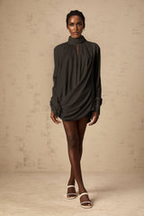 Mabel Mini Dress Black Faux Flower Ruched Cut Out & Buttoned