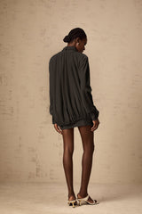 Mabel Mini Dress Black Faux Flower Ruched Cut Out & Buttoned
