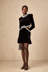 Mabel Mini Dress Black Velvet Beaded Fringed Flare