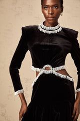Mabel Mini Dress Black Velvet Beaded Fringed Flare
