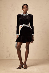 Mabel Mini Dress Black Velvet Beaded Fringed Flare