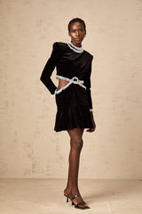 Mabel Mini Dress Black Velvet Beaded Fringed Flare