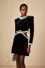 Mabel Mini Dress Black Velvet Beaded Fringed Flare