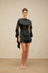 Mabel Mini Dress Satin Ruffled Shawl Panel Black Thigh - Length