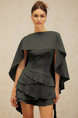 Mabel Mini Dress Satin Ruffled Shawl Panel Black Thigh - Length