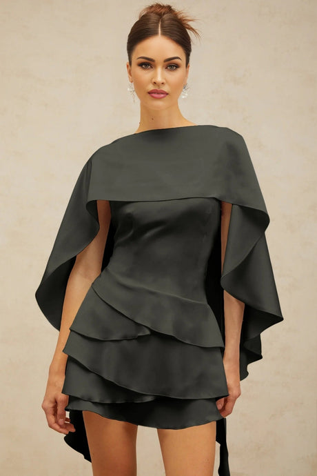Mabel Mini Dress Satin Ruffled Shawl Panel Black Thigh - Length