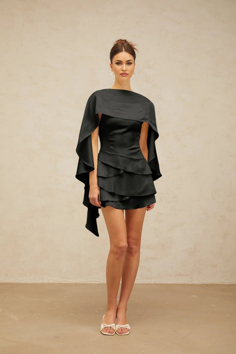 Mabel Mini Dress Satin Ruffled Shawl Panel Black Thigh - Length