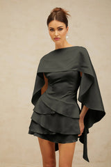 Mabel Mini Dress Satin Ruffled Shawl Panel Black Thigh - Length