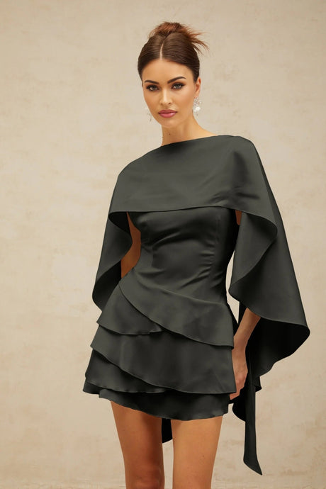 Mabel Mini Dress Satin Ruffled Shawl Panel Black Thigh - Length