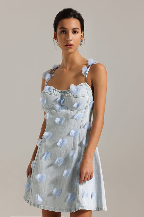 Mackenzie Light Blue Denim Halter Mini Dress with Heart Appliqués