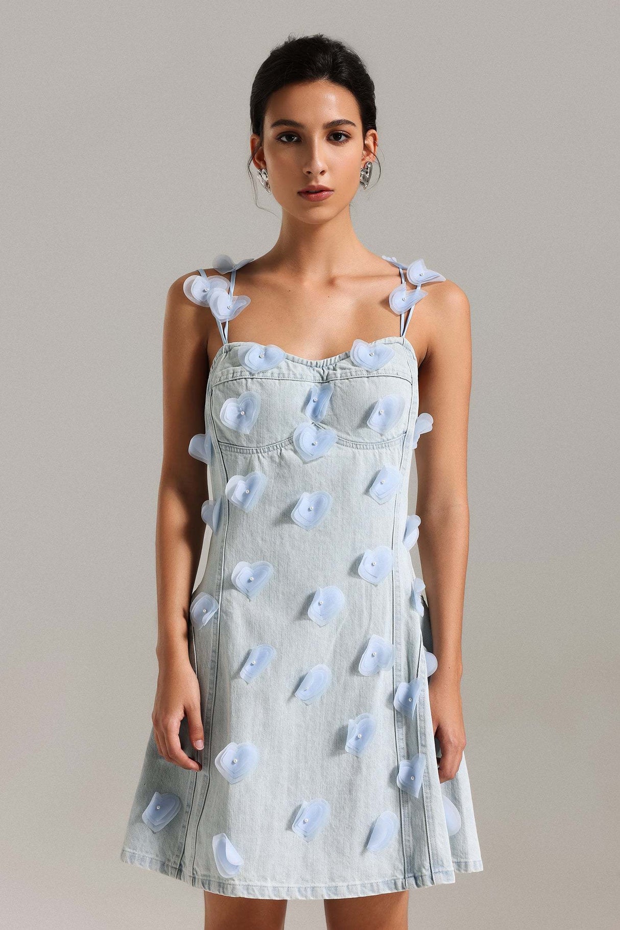 Mackenzie Light Blue Denim Halter Mini Dress with Heart Appliqués