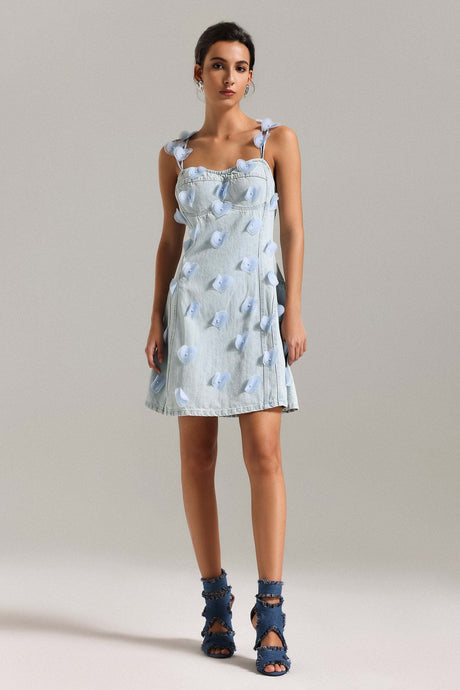 Mackenzie Light Blue Denim Halter Mini Dress with Heart Appliqués