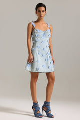 Mackenzie Light Blue Denim Halter Mini Dress with Heart Appliqués