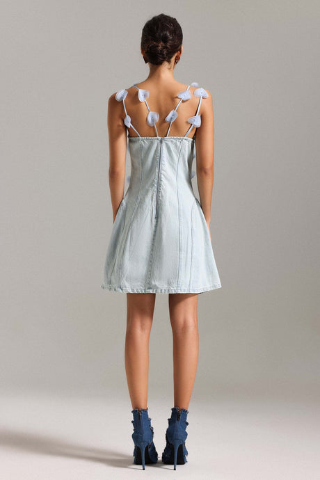 Mackenzie Light Blue Denim Halter Mini Dress with Heart Appliqués
