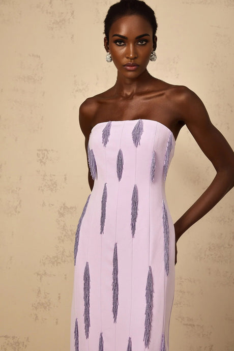 Mackenzie Maxi Dress Purple Beaded Fringe Detail & Back Slit