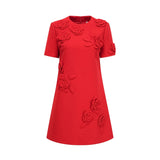 Mackenzie Mini Dress Red Floral Appliqu Short Sleeve Thigh Length