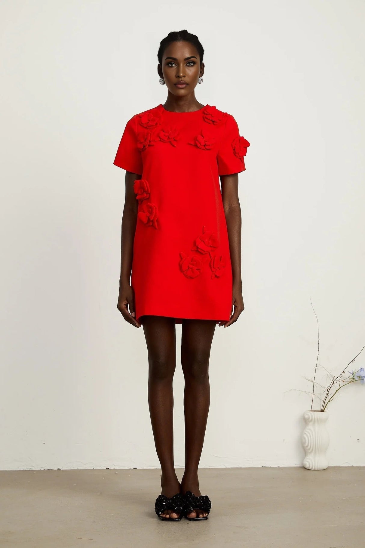 Mackenzie Mini Dress Red Floral Appliqu Short Sleeve Thigh Length