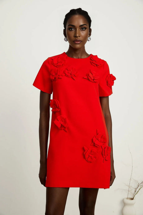 Mackenzie Mini Dress Red Floral Appliqu Short Sleeve Thigh Length