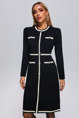 Macy Black Knit Midi Dress with Button Detailing and Trim