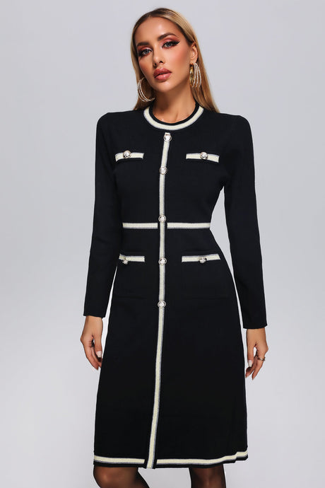 Macy Black Knit Midi Dress with Button Detailing and Trim