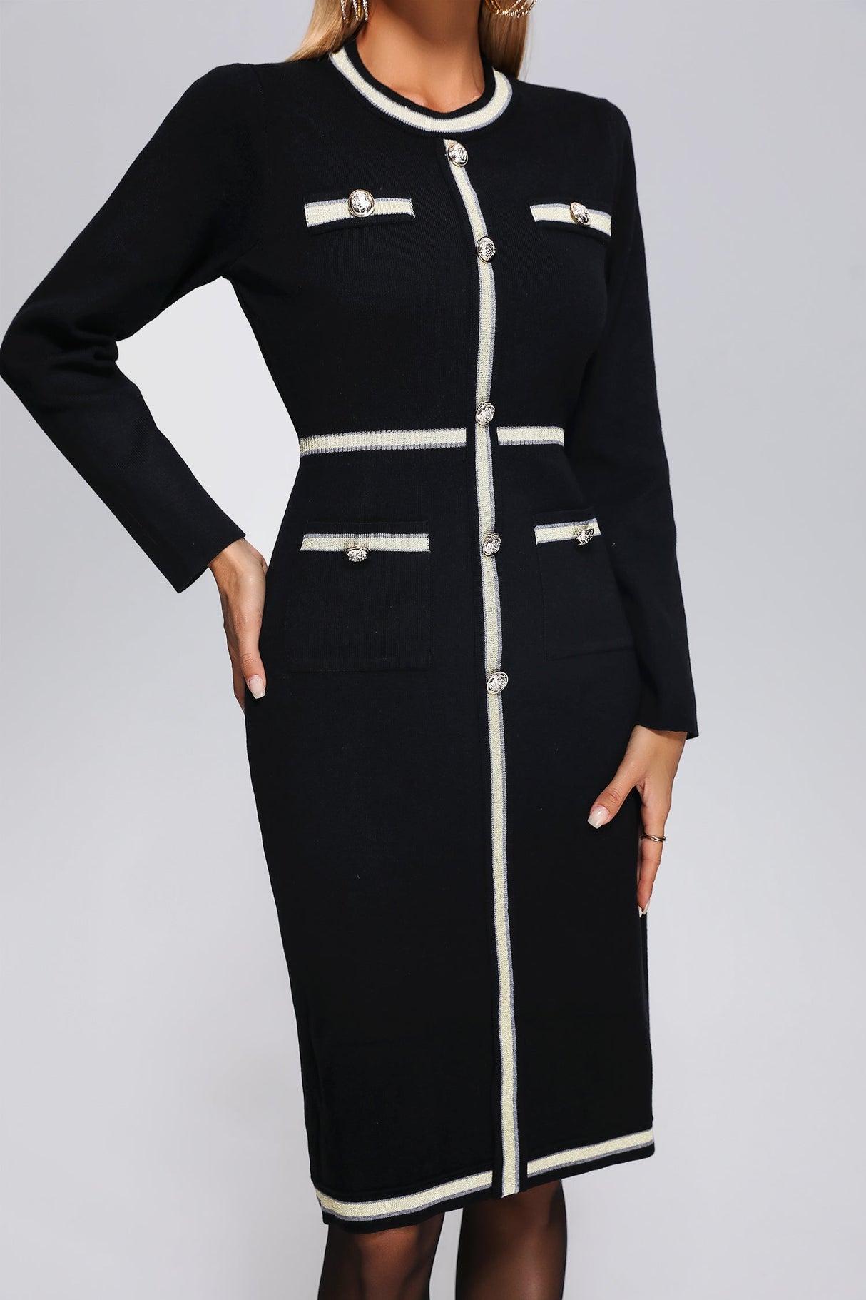 Macy Black Knit Midi Dress with Button Detailing and Trim
