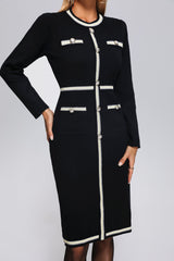 Macy Black Knit Midi Dress with Button Detailing and Trim