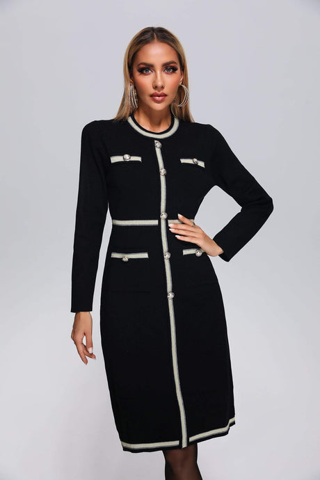 Macy Black Knit Midi Dress with Button Detailing