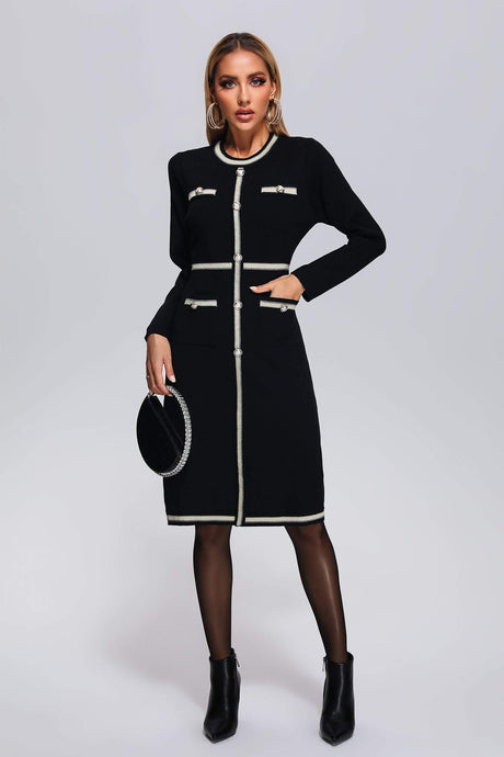Macy Black Knit Midi Dress with Button Detailing and Trim