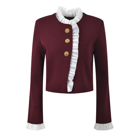 Macy Blouse - Cropped Tailored Silhouette - Ruffled Front Detail - Rich - Fitted Structure - Button Accents