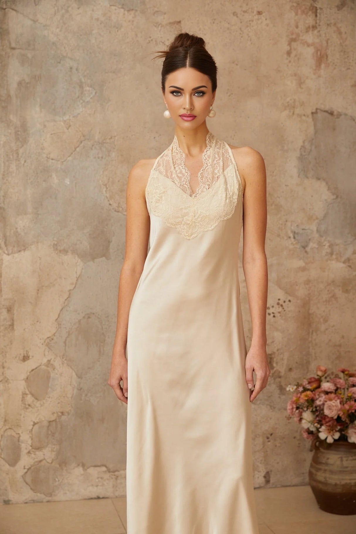 Macy Maxi Dress White Lace Trim Satin Elegant Silhouette Button Fastening