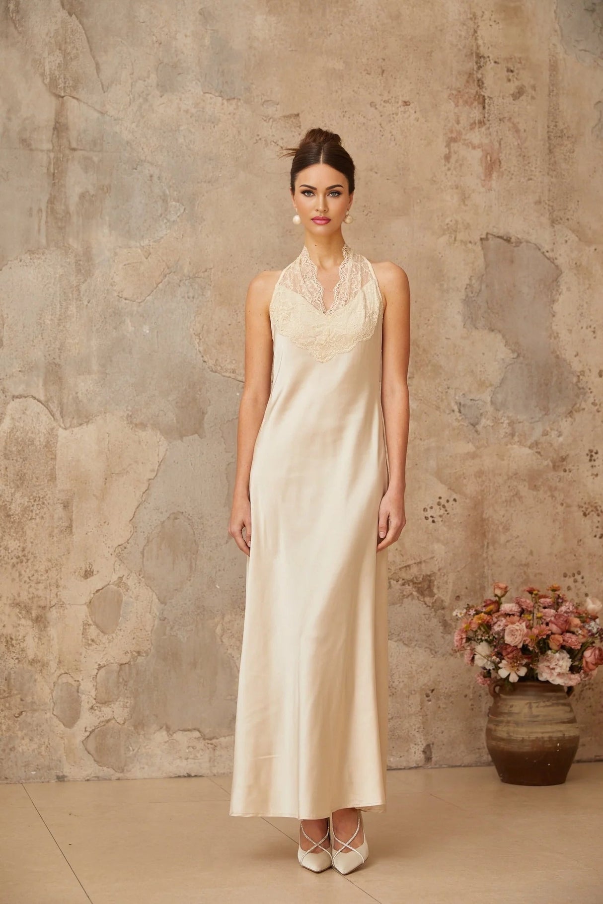 Macy Maxi Dress White Lace Trim Satin Elegant Silhouette Button Fastening